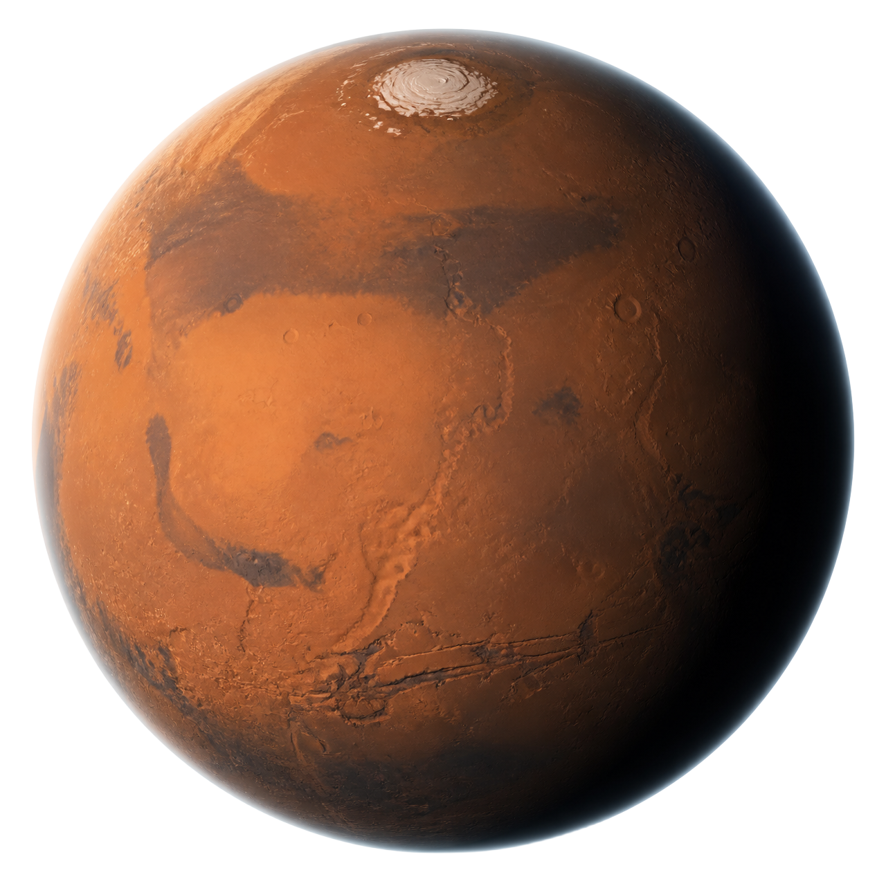Three-dimensional render of Mars showing surface topography