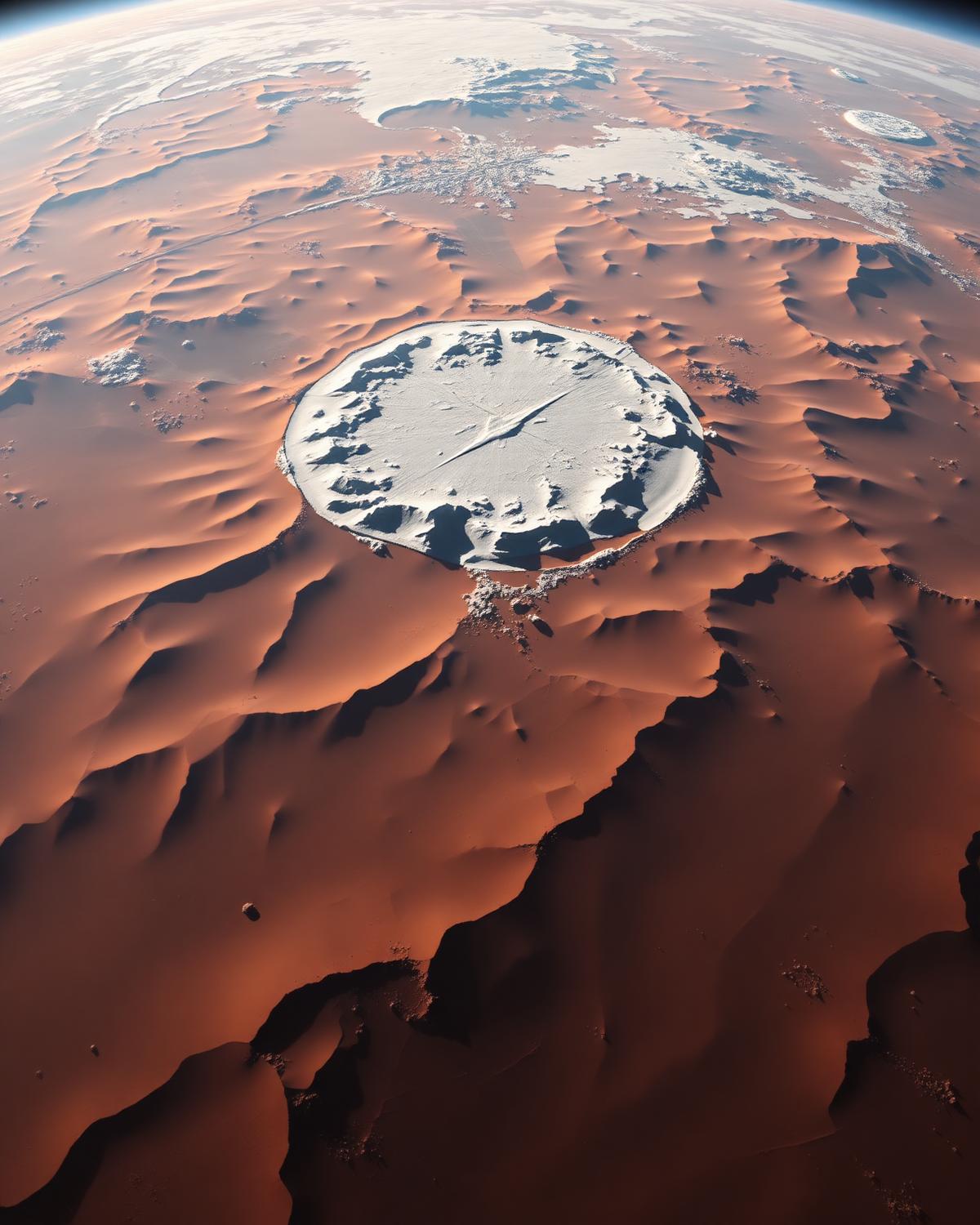 Martian polar ice cap and dark dune fields from orbit
