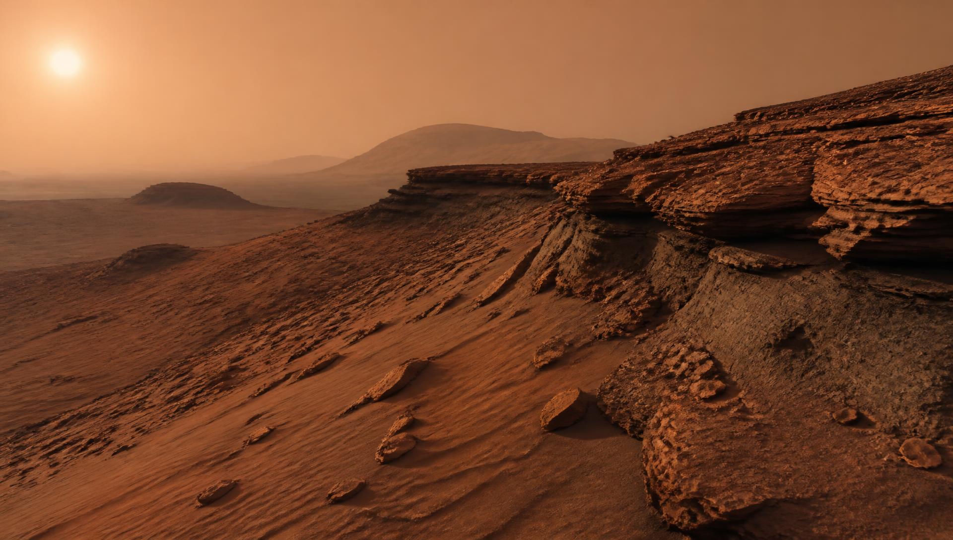 Martian dawn over layered sedimentary terraces, pale amber dust haze and long shadows across rust sand