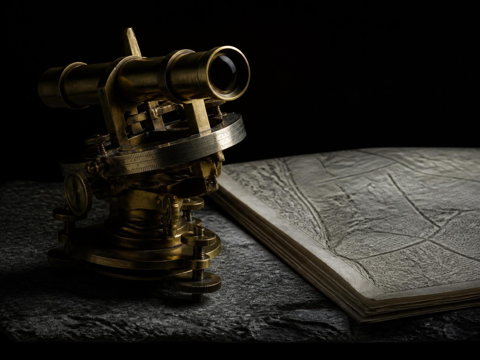A brass surveyor's theodolite beside a folded engraved land map on dark slate